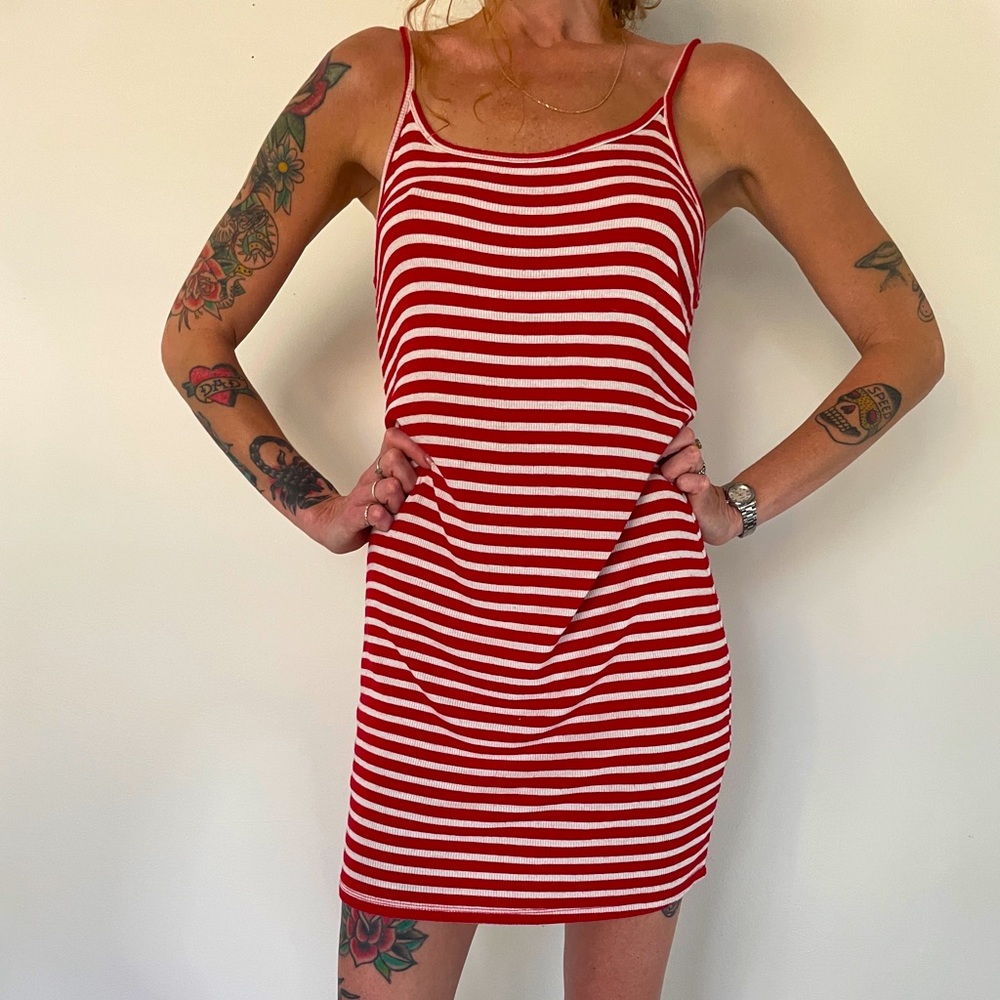 Red and White Striped Ribbed Midi Dress SZ LG